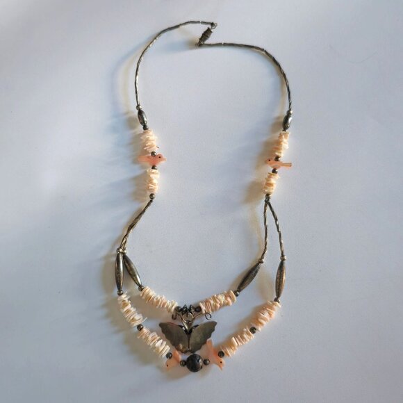 VTG Sterling Silver Double Strand MOP Fetish Bird Butterfly Pendant Necklace 16" - Picture 10 of 11